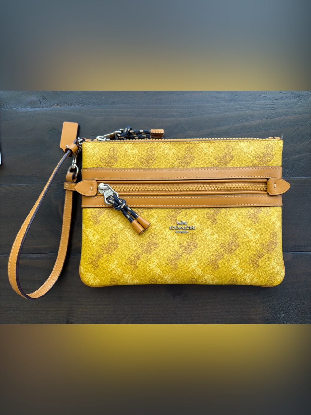 Coach F79944 Signature Horse & Carriage Yellow Zip Wristlet with Tan Trim